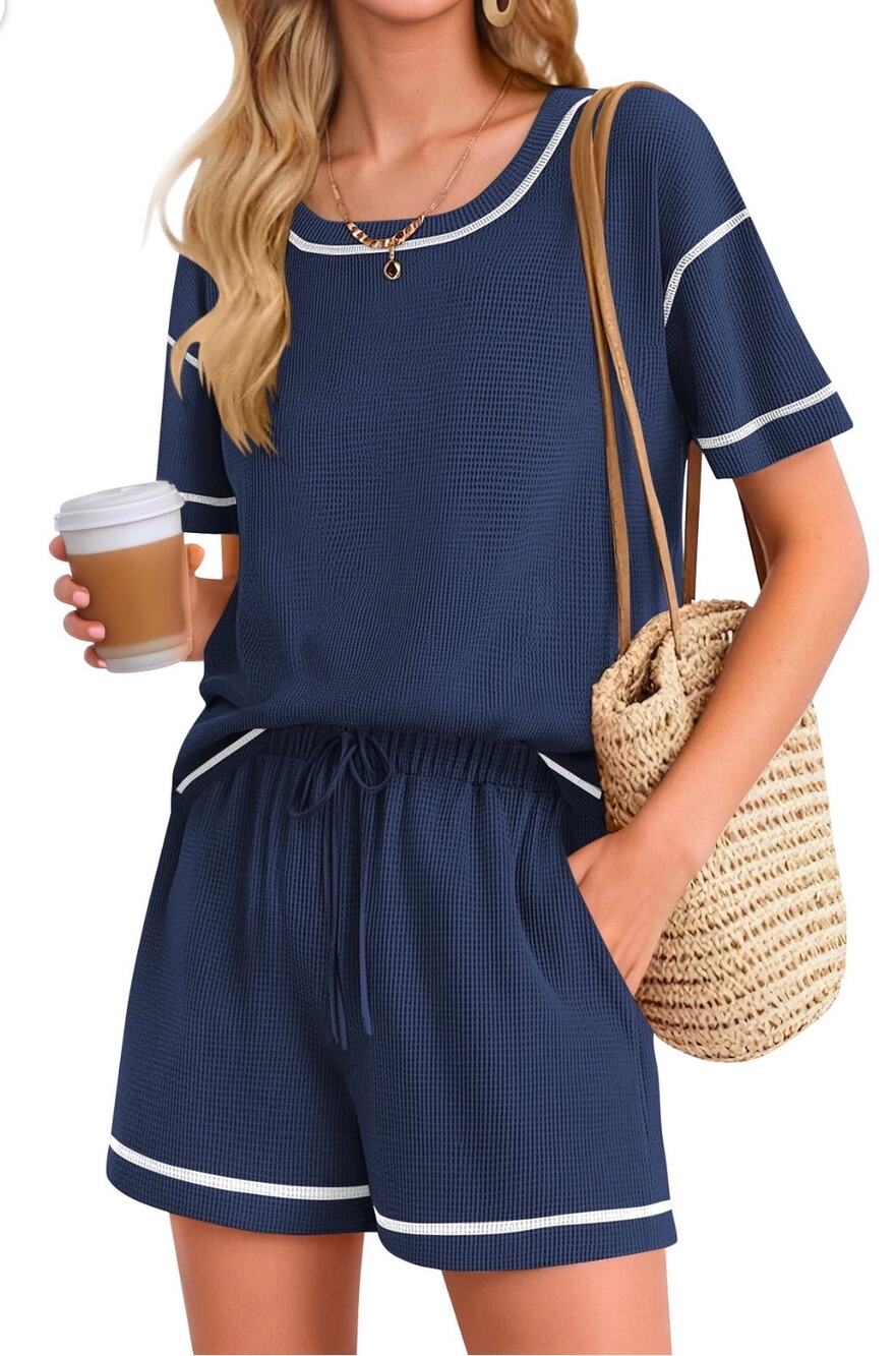 SHIBEVER 2 Piece Set for Women Summer Casual Short Sleeve Top & Shorts Set XXL